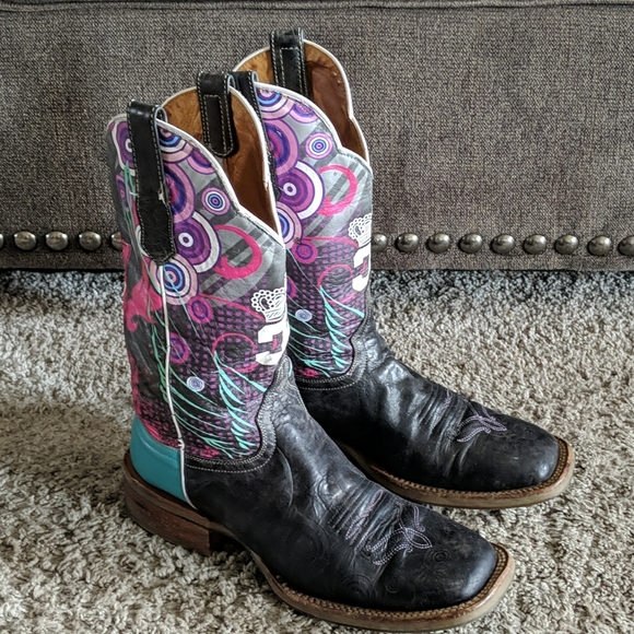 CINCH Edge "QUEENISM" black marbled leather cowgirl western boots square toe sz7 - Picture 8 of 16